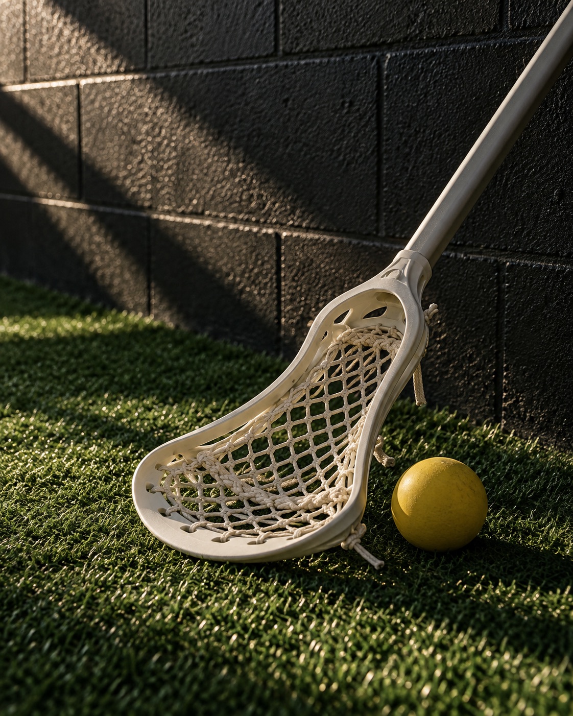 Illustration of a lacrosse stick and yellow ball beside a training wall